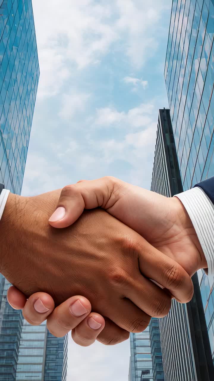 Vertical video: Reaching execs shaking hands and sealing deal in urban towers, shirt cuffs showing