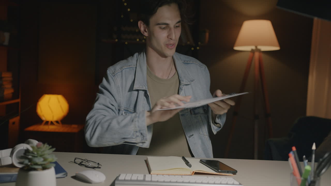 Young man working late at home office, reviewing documents