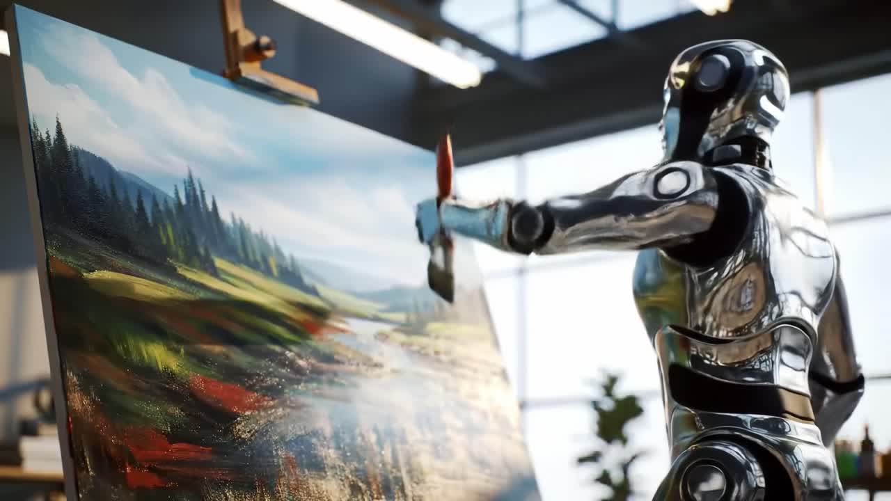 A humanoid robot skillfully paints a vibrant landscape on canvas. The scene features large windows, natural light, and a creative workspace filled with greenery.