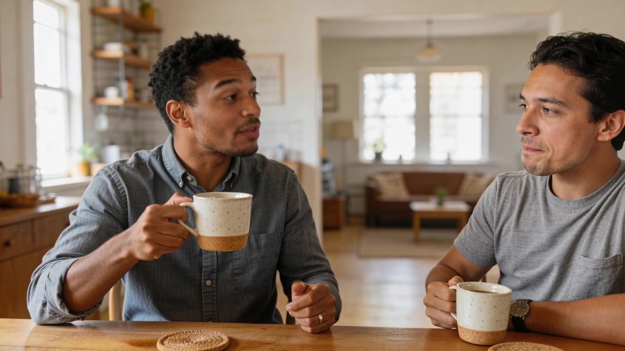 Initiating, grey-shirted man on left gesturing and raising mugs at home dining table, sharing story