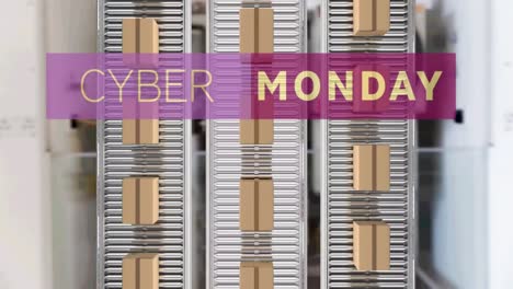 Cyber-monday-text-banner-over-multiple-delivery-boxes-on-conveyer-belt-against-factory