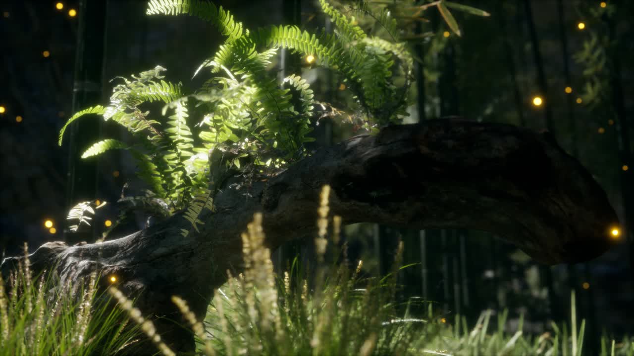 tronco del árbol doblado horizontalmente con helechos creciendo, y la luz del sol brillando