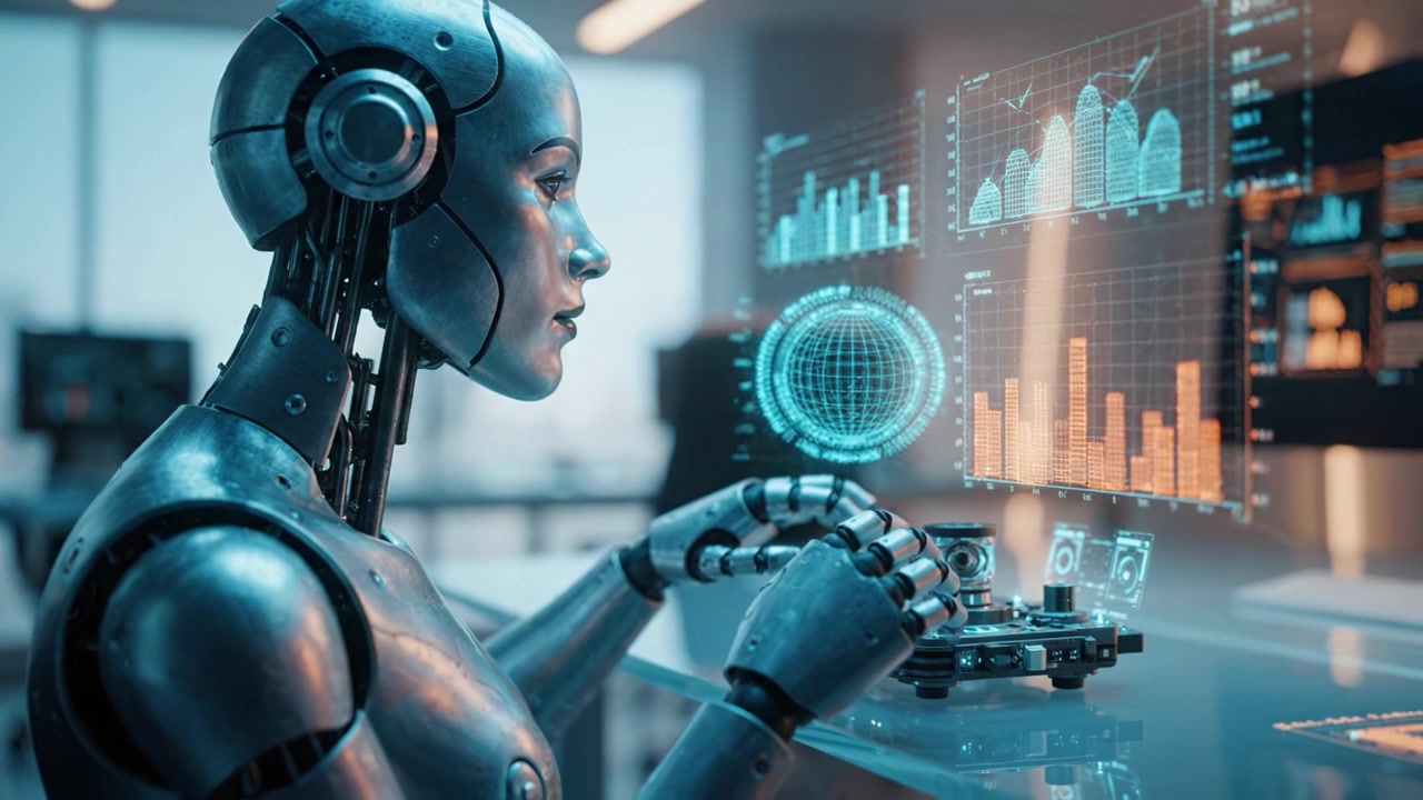 Futuristic humanoid robot engaged in data analysis, focusing on advanced holographic displays showcasing complex graphs and digital interpretations of information.