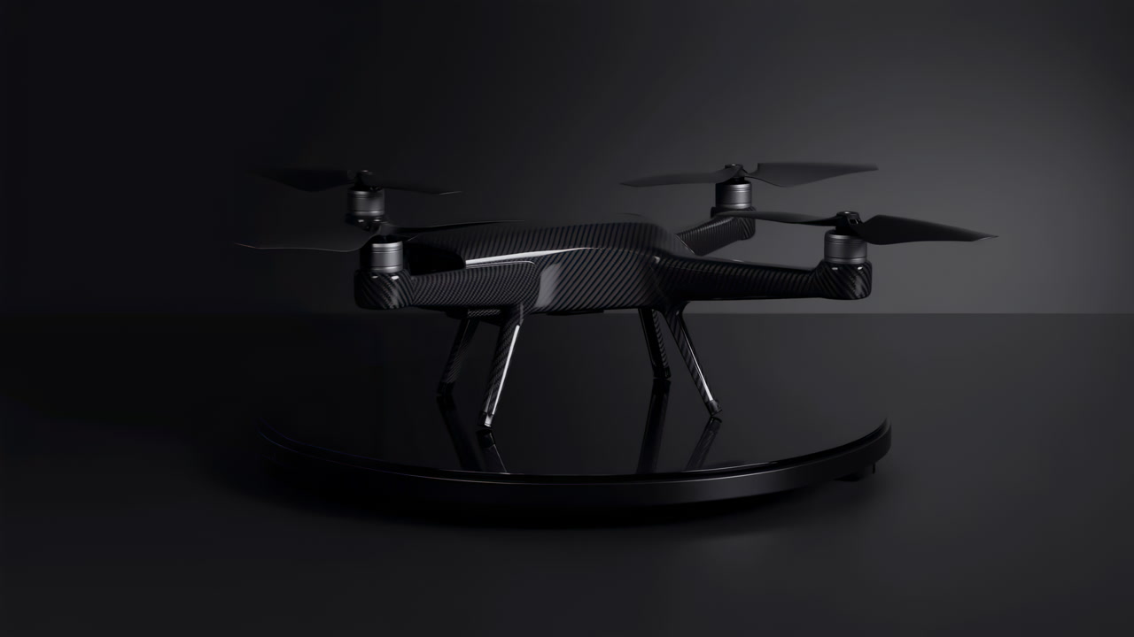 Black Carbon Drone On Matte Platform, Sleek Quadcopter Sits Poised In Lowkey Studio, Propellers Idle