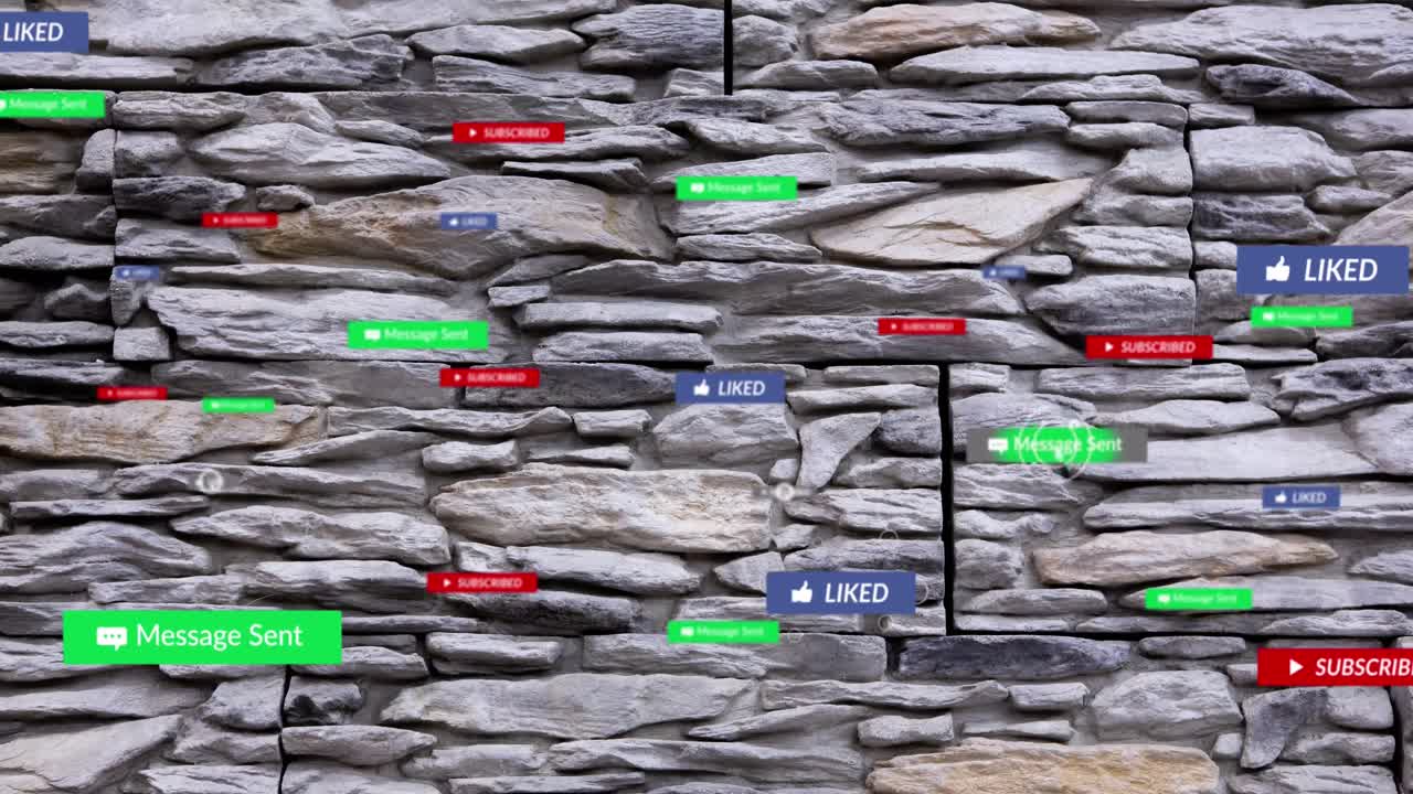 소셜 미디어 아이콘과 암석 배경의 텍스트의 애니메이션