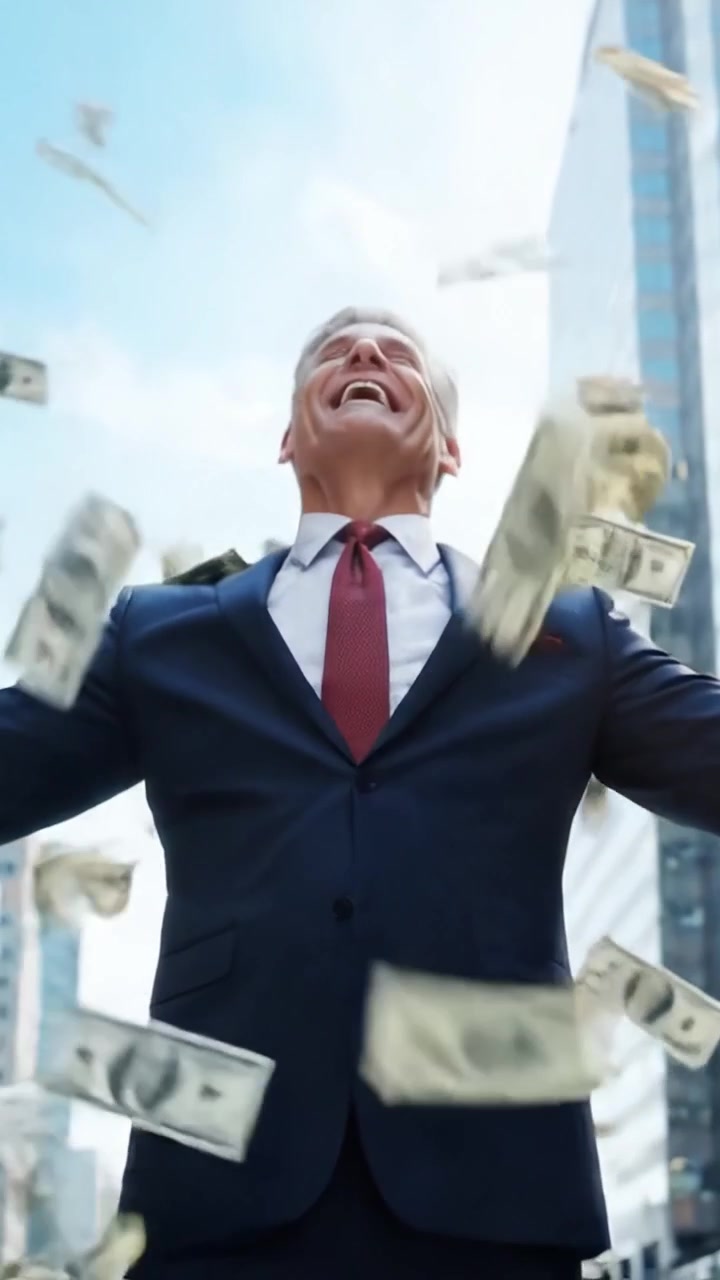 Un uomo d'affari fiducioso celebra il successo finanziario tra imponenti grattacieli, con in mano mazzette di contanti e un sorriso estatico nel paesaggio urbano.