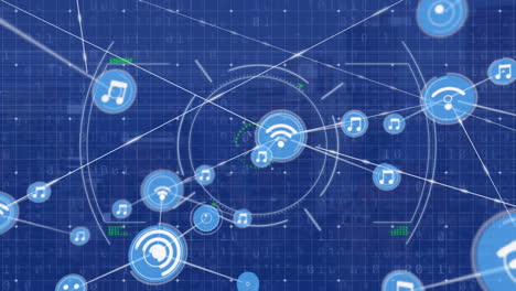 animation of wireless network, music notes connecting with lines against circles and binary codes