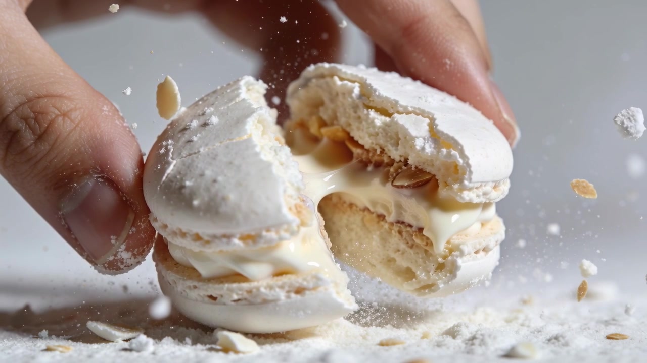 Pollice e indice che pizzicano un macaron bianco su una superficie zuccherata, spezzandone il guscio e rivelando una fetta di mandorla.