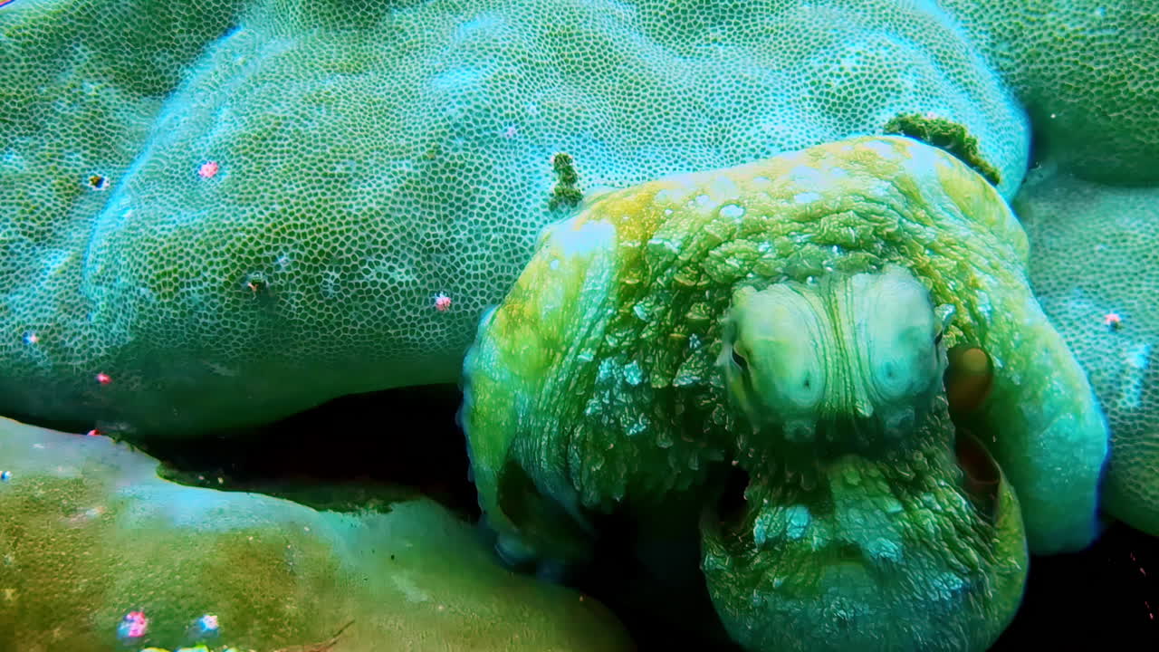 An incredible underwater macro shot from a Bali scuba dive reveals a master of disguise: a Reef Octopus perfectly camouflaged with the color and texture of the coral it is hiding on.