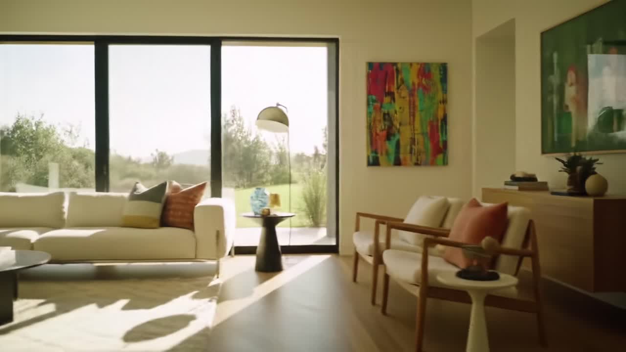 A Bright and Airy Modern Living Room with Elegant Decor, Basking in Natural Light and Featuring a Stylish Sofa, Artistic Accents, and a Scenic View