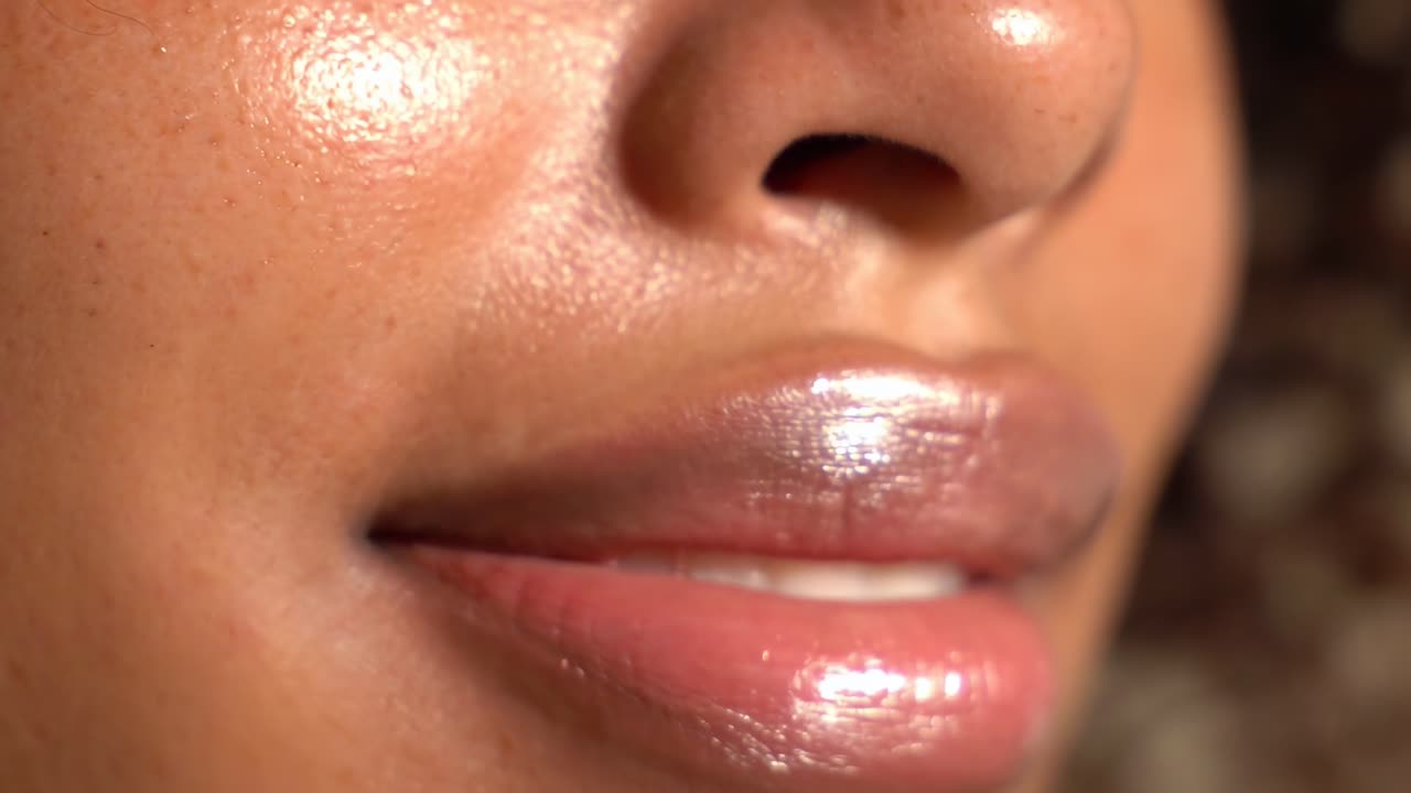 Close-up video angle capturing a woman's radiant skin and natural freckles in soft lighting