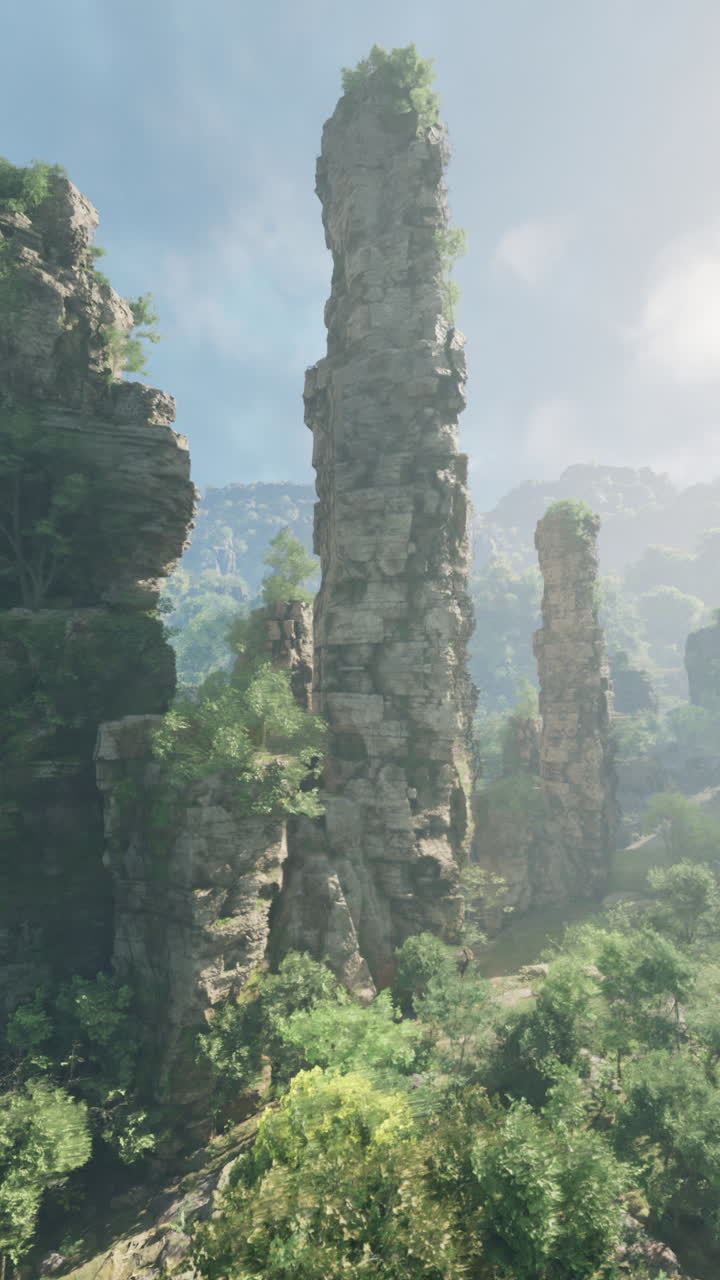 울창한 계곡에 있는 고대 바위 형성