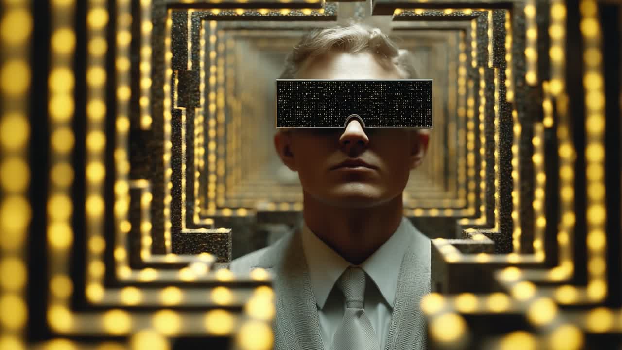 A Surreal Journey Through a Futuristic Maze Featuring a Stylish Figure in Unique Sunglasses, Surrounded by Geometric Patterns and Illuminated Pathways Representing Technology and Mystery
