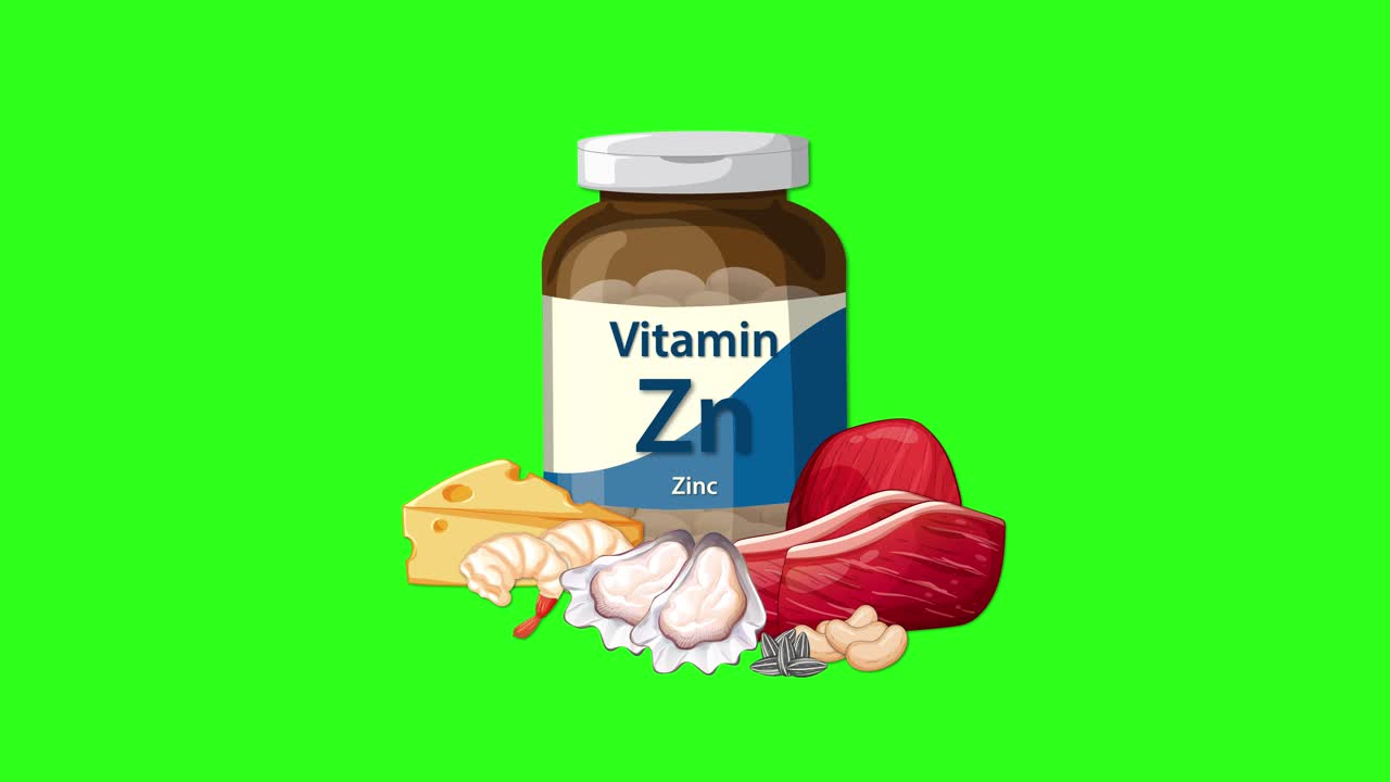 Zinc supplement bottle with cheese, meat, and garlic appears and arranges on vibrant green background