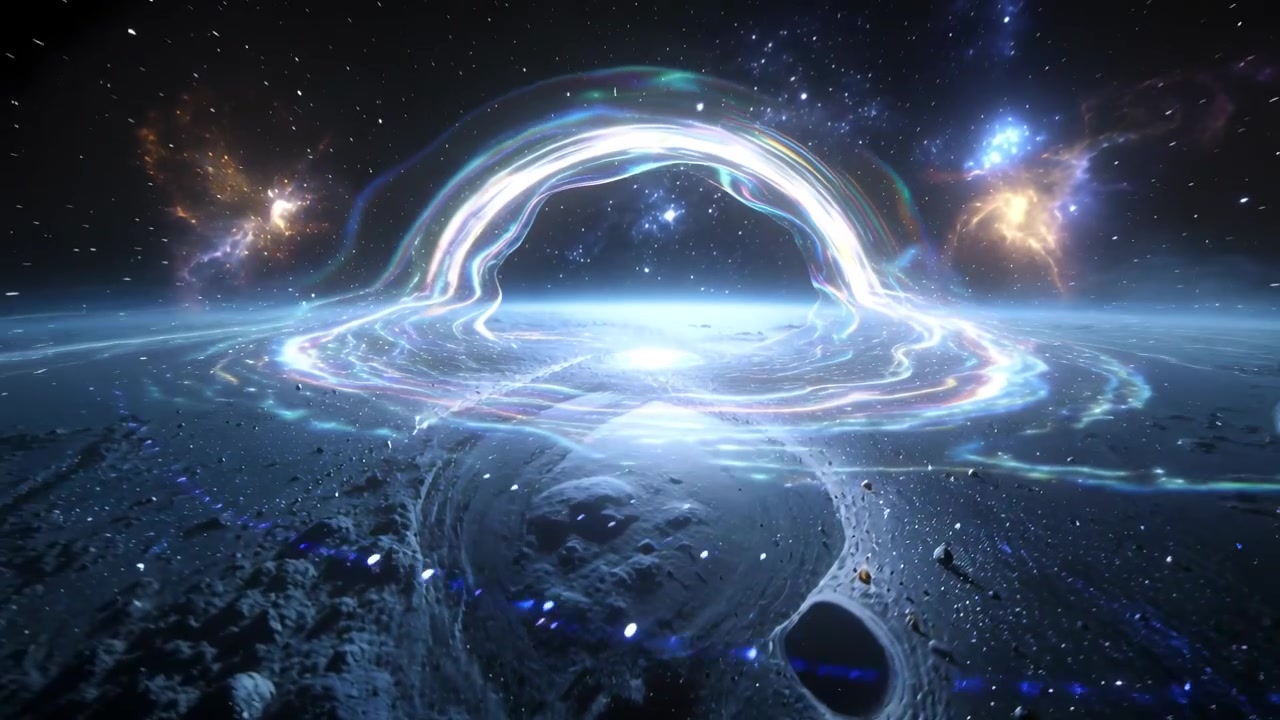 Pulsing glowing energy arch expanding into ring over cratered plain, making ripples drawing debris