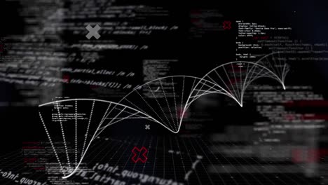 Animation-of-dna-strand-and-data-processing-over-black-background