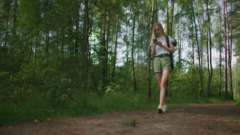 general plan mobile phone in the hands of a female traveler walking through the forest. social networks navigator and messenger. use your mobile phone for a walk in the woods