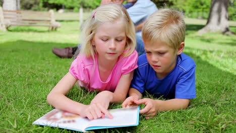 girl pointing as she reads a book while lying next to a boy who is listening to her in a park