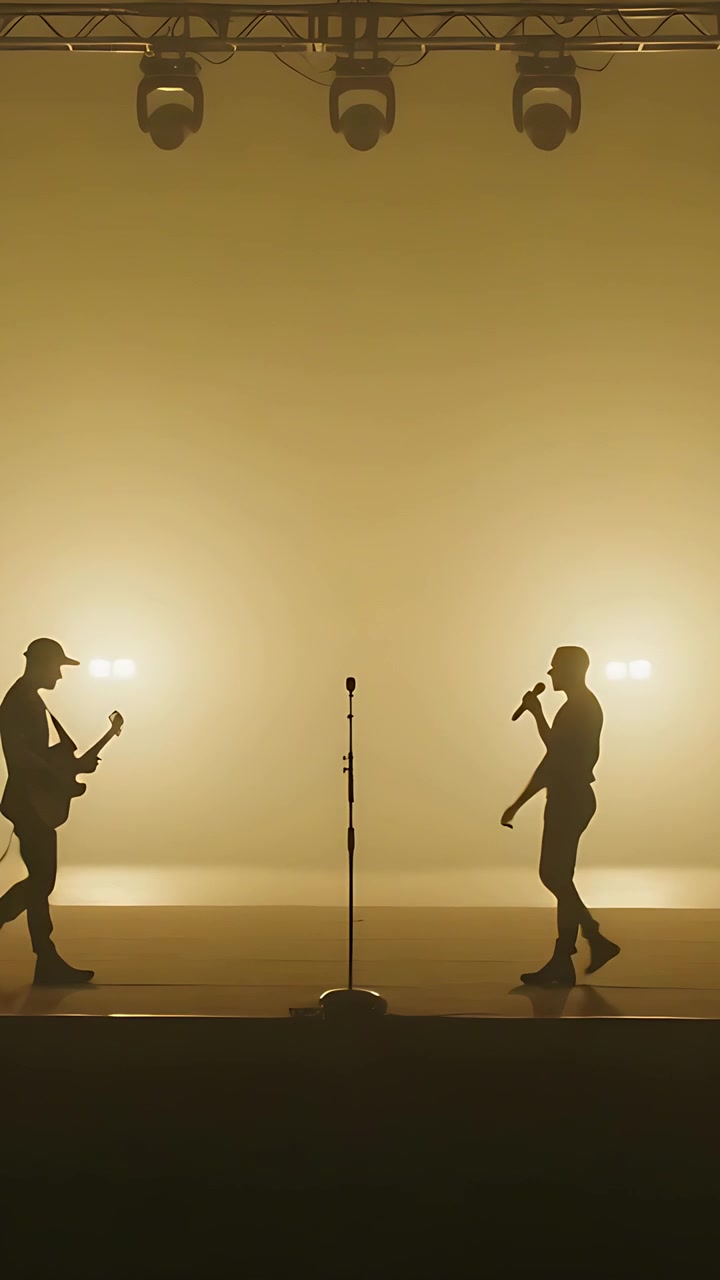 Verticale video: Amber geeft een teken aan een donker gekleed duo dat naar het midden van het podium loopt, terwijl microfoon en gitaarstandaard klaargemaakt worden.