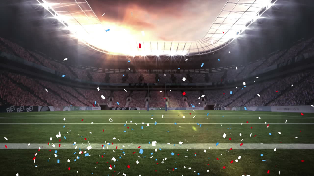 animación de confeti azul y rojo cayendo sobre el estadio deportivo