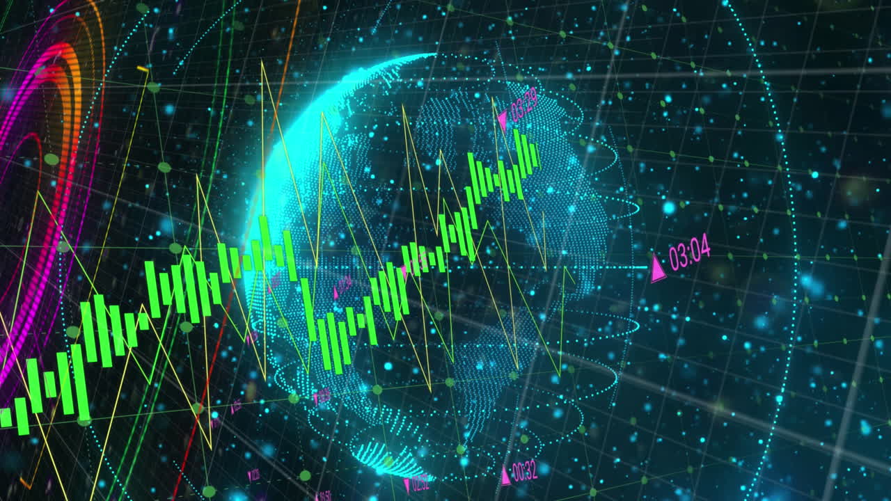 animación de gráficos con números cambiantes sobre círculos y globos contra puntos en fondo negro