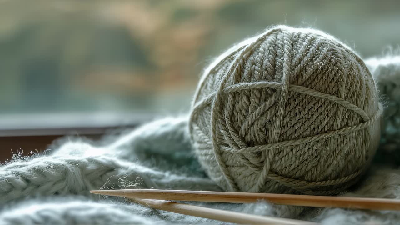 Knitting project with ball of yarn and needles
