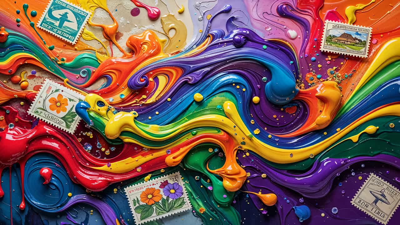 Vibrant Rainbow Paint Swirls with Vintage Stamps