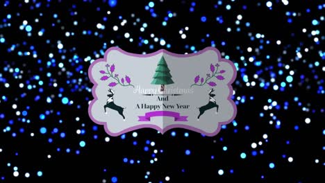 animation of happy christmas and a happy new year text over light spots on black background