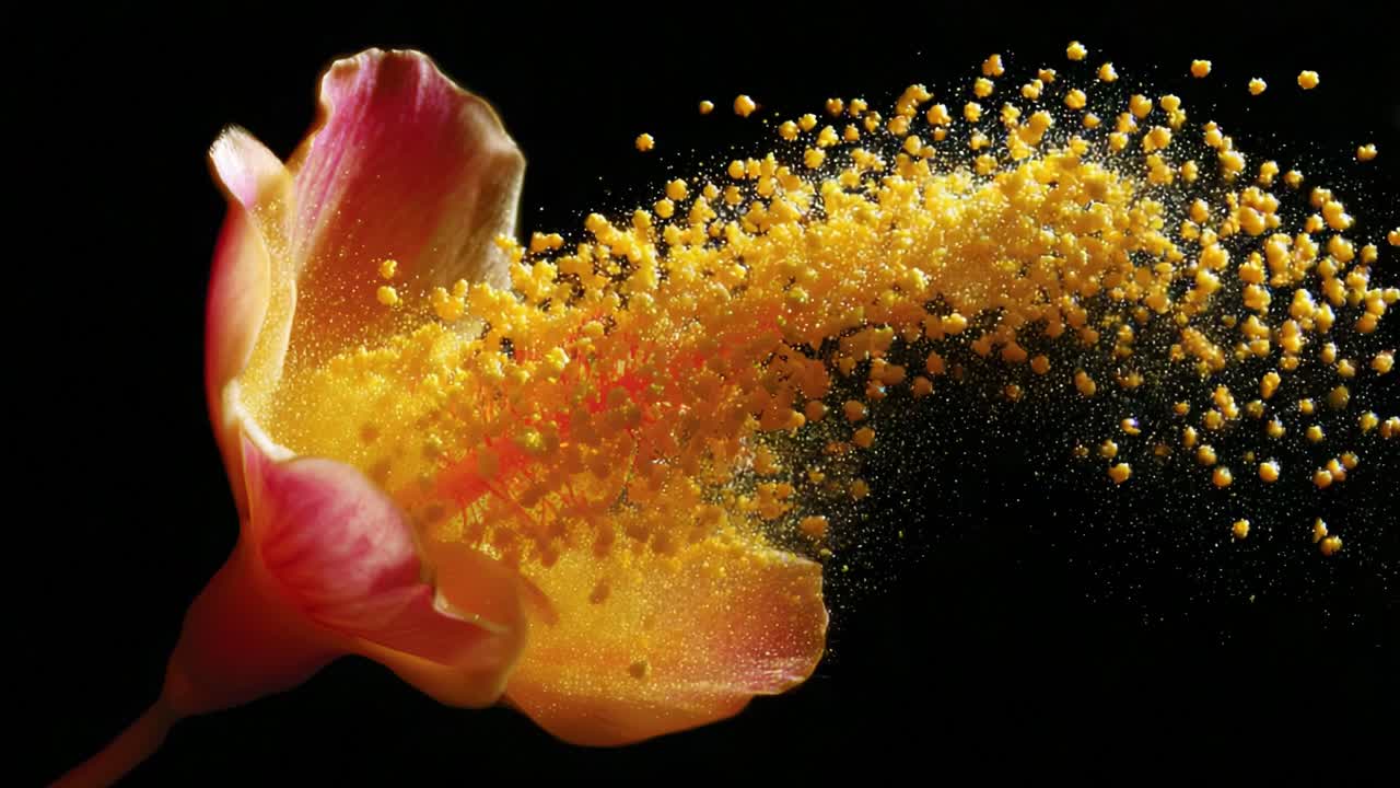 A stunning close-up of a delicate flower petal releasing vibrant yellow pollen, capturing the beauty of nature's reproduction process against a dark background with dynamic motion