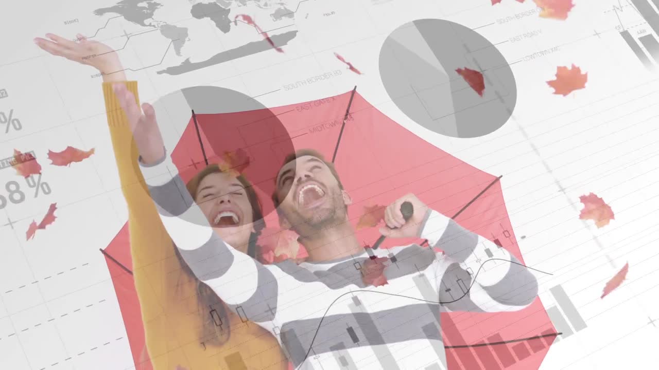 메이플 잎 이 떨어지는 동안 우산을 들고 있는 부부