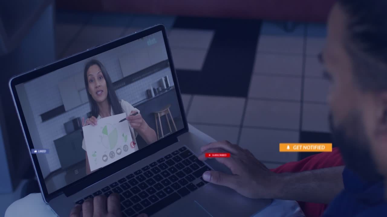 Man starting business webinar on laptop showing floating like subscribe notify icons for engagement