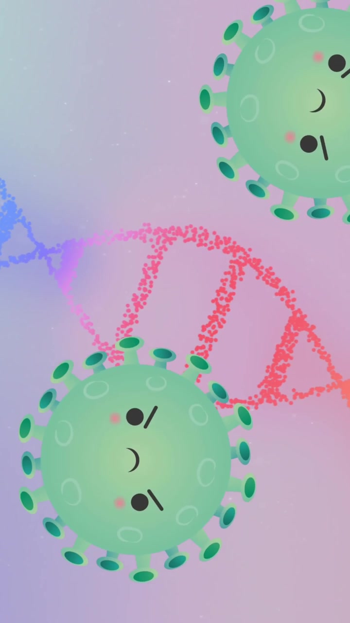 Animazione di cellule COVID-19 aggressive in movimento e filamento di DNA che gira.