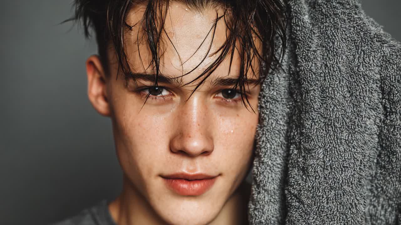Ritratto ravvicinato di un giovane uomo con capelli bagnati e un asciugamano, che cattura espressioni naturali e freschezza in un ambiente da studio.