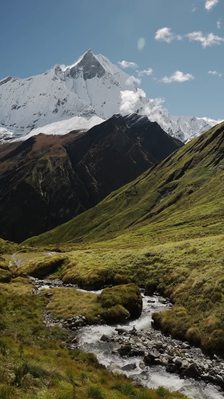Vertical Mountains Scenery in Nepal, Vertical Video for Social Media Instagram Reels and Tiktok of Beautiful Himalayas Mountain River Landscape with Mountain Top and Dramatic Scenery on Trek in Nepal