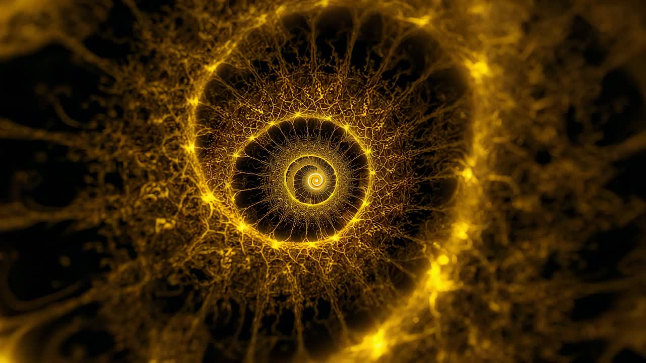 Evolving golden spiral in filament tunnel as frames advance, shifting inward with pulsing nodes