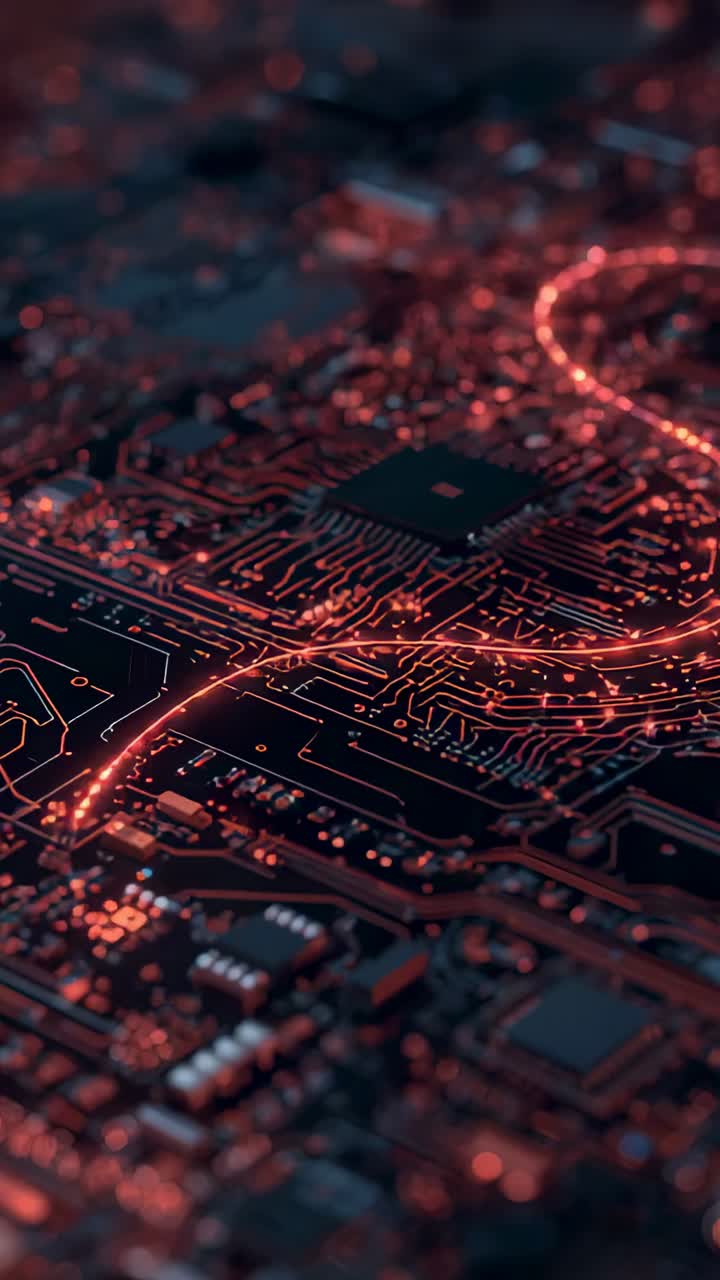 Vertical video: Appearing red ribbon tracing PCB in studio lighting, highlighting chips, solder