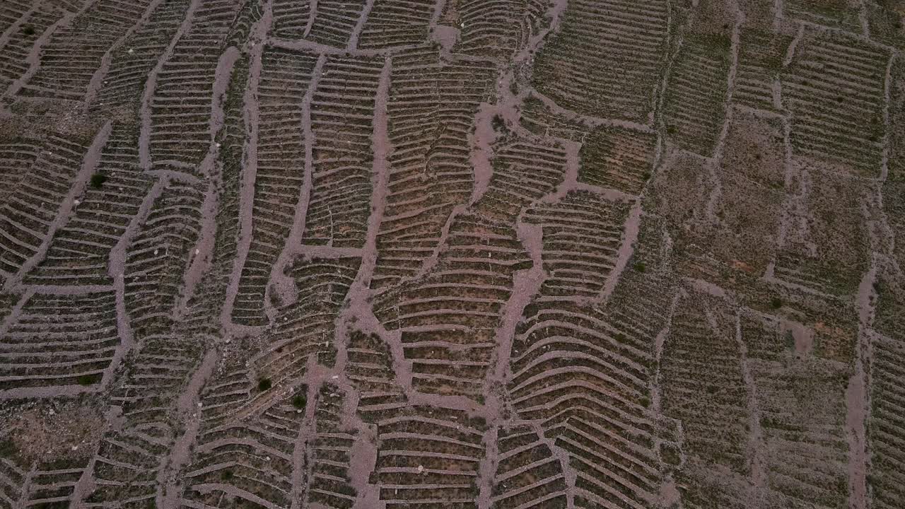 disparo de un avión no tripulado sobre las ruinas de una antigua ciudad y sus campos agrícolas en jujuy, argentina