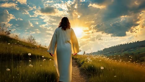 a serene video scene of a person in a white robe walking on a path at sunset, captured from a low