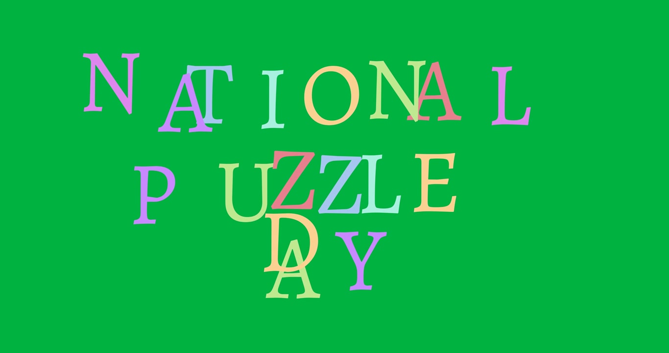 Animazione digitale, illustrazione di puzzle su sfondo nero, banner di testo per la Giornata Nazionale del Puzzle