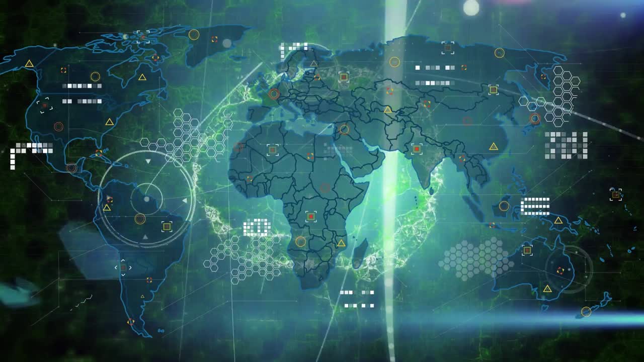 Animation of icons, brain, world map and lights on black background