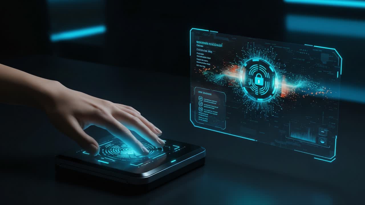 Futuristic Interaction with Holographic Security Display and Touch Interface in a High-Tech Environment
