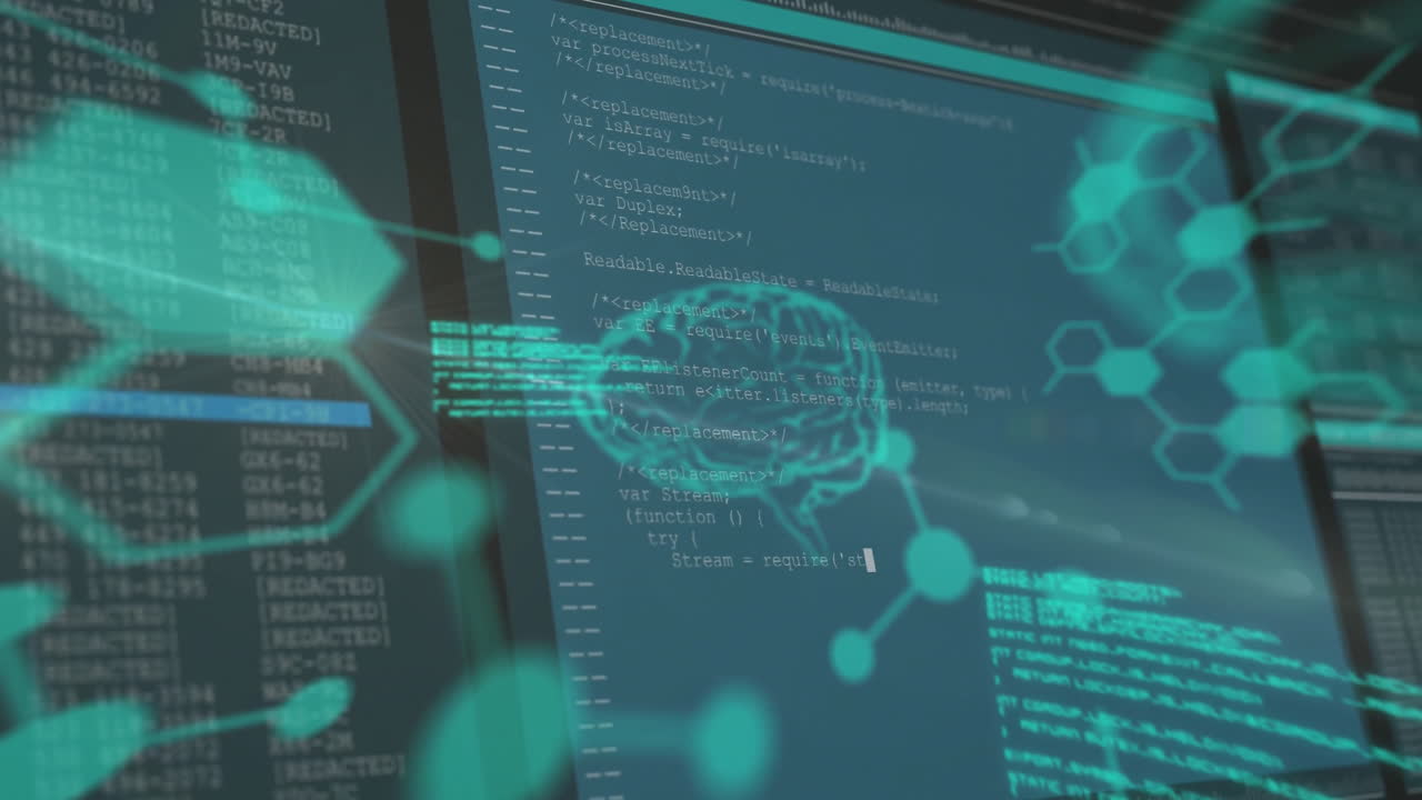 animación de moléculas con cerebro digital sobre procesamiento de datos en fondo negro
