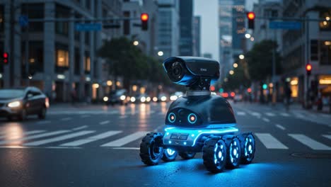 an intelligent robot on a city street: examining the latest robotics technology with enhanced features as it navigates urban environments seamlessly and efficiently
