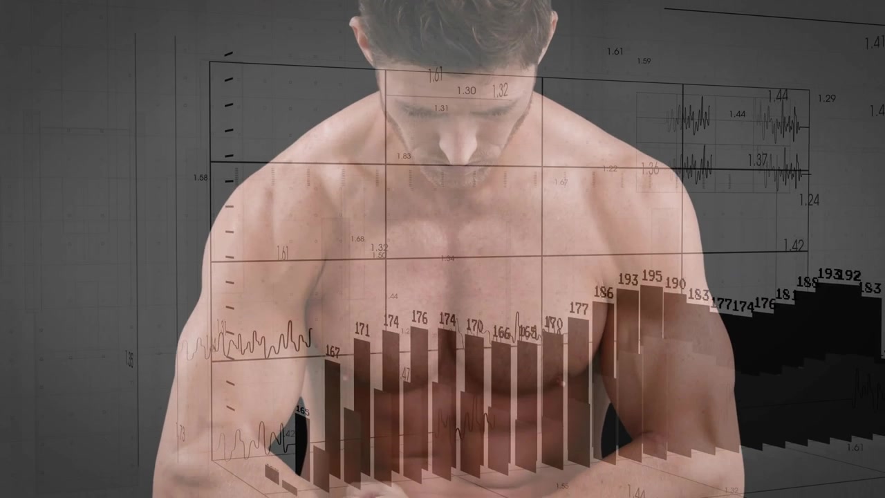 Ein erwachsener Mann führt die Arme nach vorne, animiert ein Fitness-Raster und Balkendiagramme, die im Bereich von 160-190 über der Brust aufsteigen.