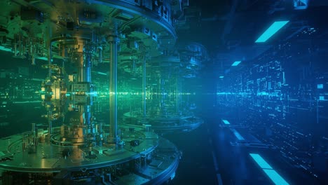 a captivating glimpse of futuristic technology featuring innovative quantum devices illuminated by green and blue light in a high-tech environment