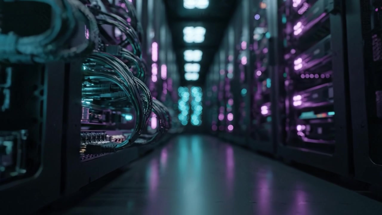 A Glimpse into a Modern Data Center with Rows of Servers Illuminated by Neon Lights Creating a Futuristic and Advanced Technological Environment