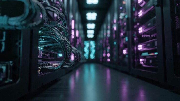 A Glimpse into a Modern Data Center with Rows of Servers Illuminated by Neon Lights Creating a Futuristic and Advanced Technological Environment