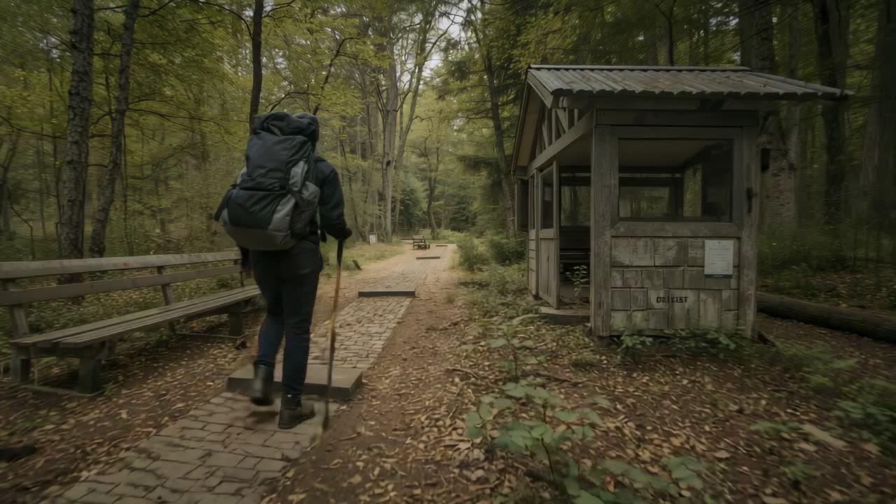 Escursionista incappucciato che cammina sui sassi di un sentiero nel bosco, con uno zaino e un bastone da trekking, alla ricerca di un tavolo da picnic