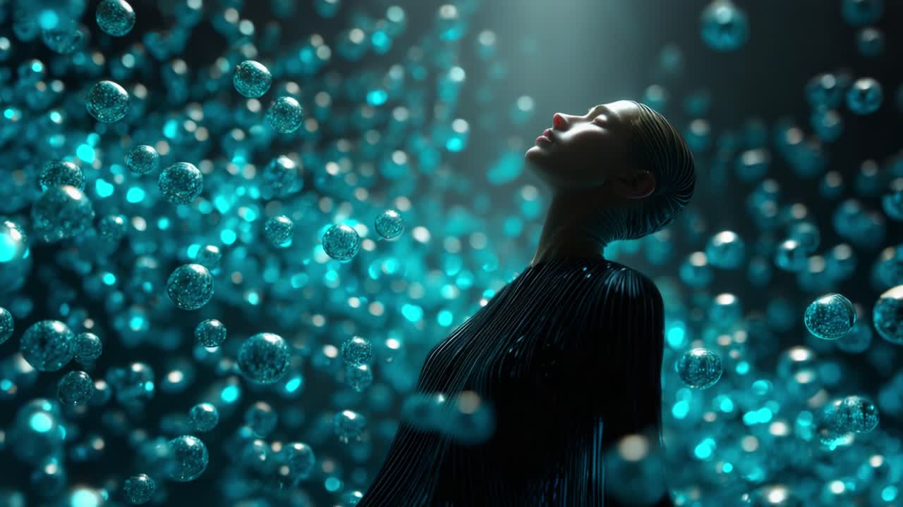Una magica esplorazione della bellezza eterea: un viaggio affascinante tra bolle vibranti e luce enigmatica che circondano una figura incantata in un'atmosfera mistica