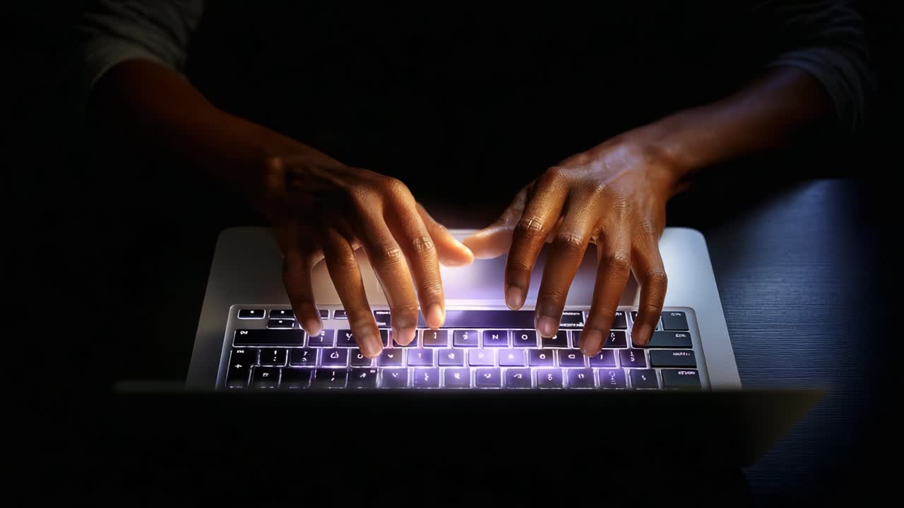 Engaged in Digital Creation: A Close-Up of Hands Swiftly Typing on a Laptop Keyboard, Illuminated by the Soft Glow of the Screen Light, Capturing the Essence of Focused Work in a Dimly Lit Environment